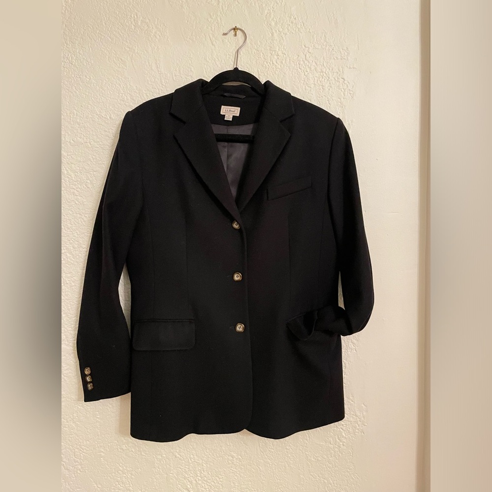 L.L. Bean Black Wool Cashmere Blazer Jacket 12 EUC